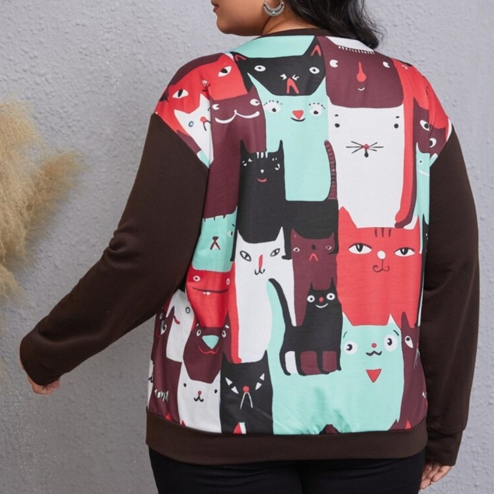 NEW Cartoon Cat Sweatshirt 1XL Multicolor Print Cat Lovers Womens LS Emery Rose - Picture 2 of 7